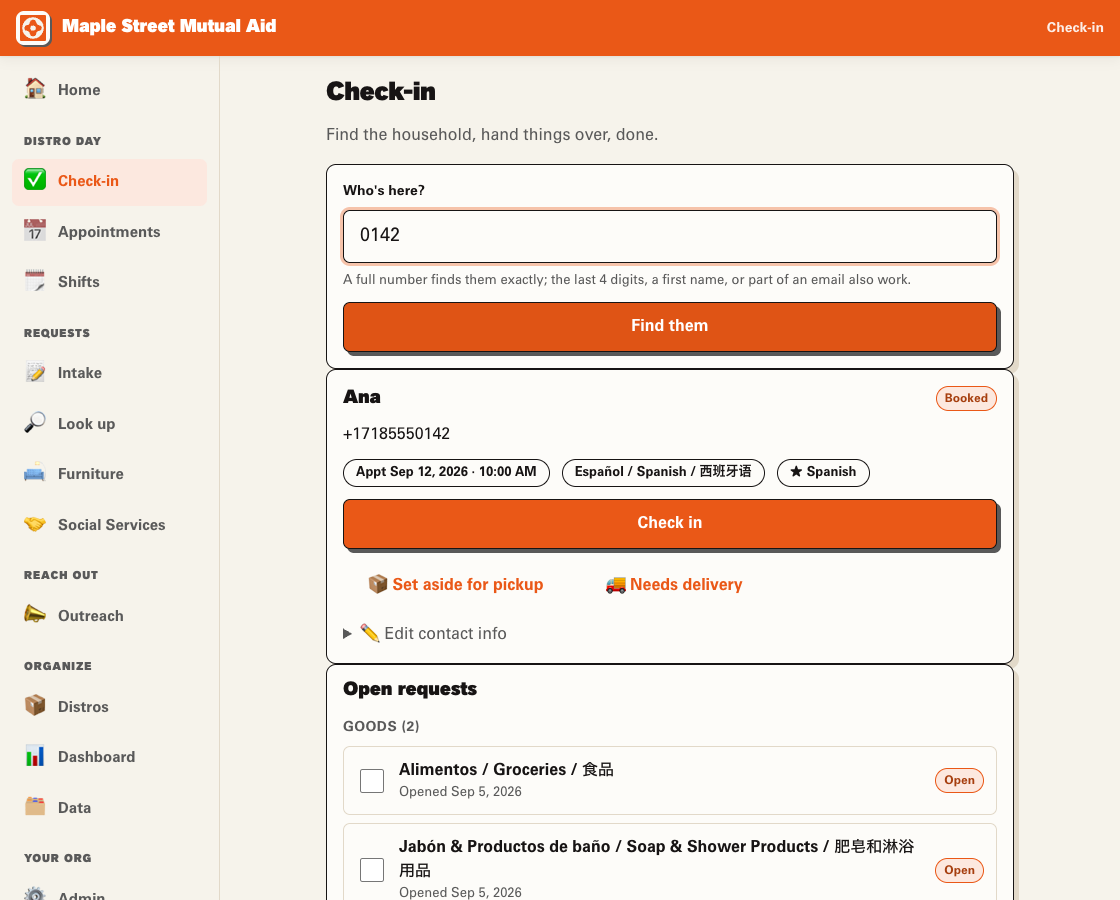 Check-in screen for the fictional household Ana, showing open groceries and soap requests.