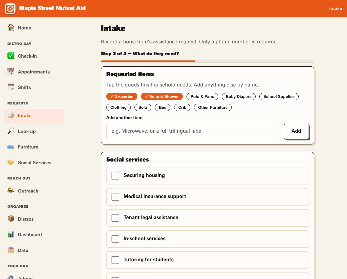 Intake form at step 2 of 4, with Groceries and Soap & Shower selected for a sample household.