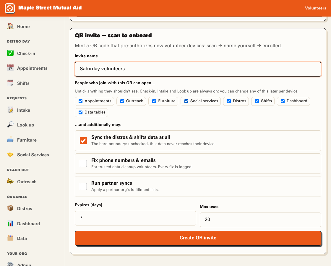 Volunteer invite form named Saturday volunteers, with controls for tool permissions, expiry and number of uses.