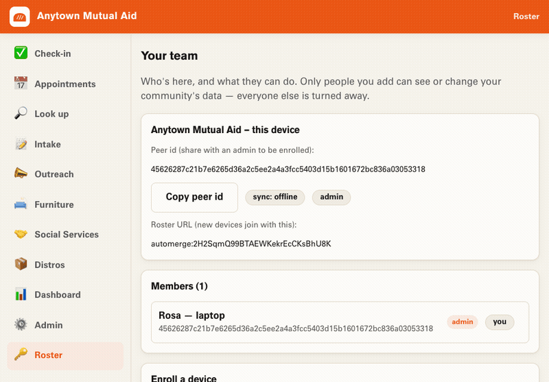 An admin creating a QR invite and a volunteer scanning it to join